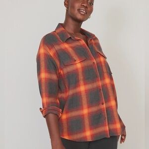 Old Navy Boyfriend Flannel Shirt Orange Plaid Evermore Swift Swiftie, size S